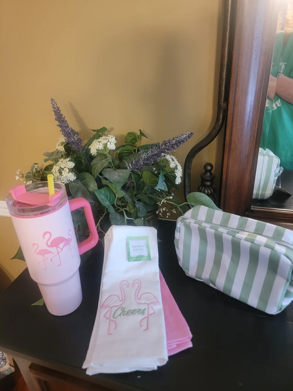 Pink Flamingo Travel Tumbler with Matching Kitchen Towels and Striped Pouch